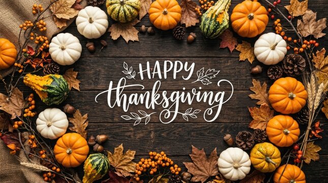 Festive thanksgiving arrangement with pumpkins gourds and handwritten calligraphy greeting