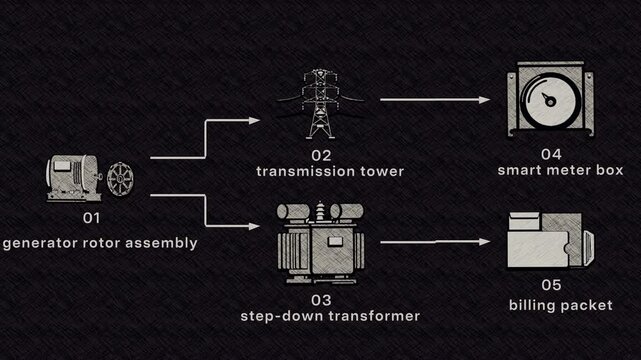 Utility power flows from generation through transmission and metering before splitting into separate billing records. Flat 3D style with a graphite pencil texture; objects numbered and labelled in