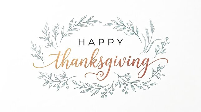Happy thanksgiving watercolor lettering with floral wreath illustration on white background
