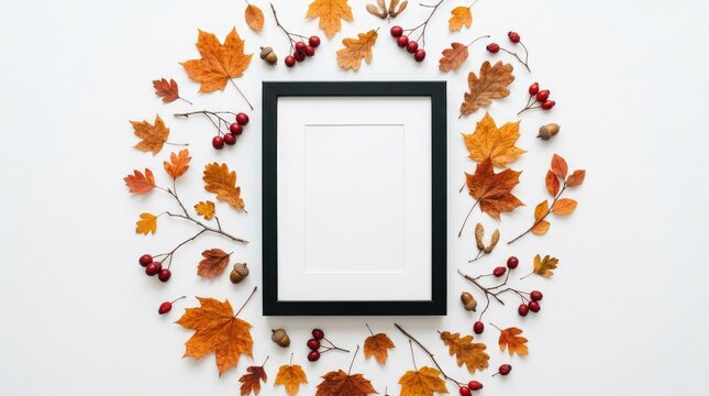 Empty black frame surrounded by colorful autumn leaves on a light background