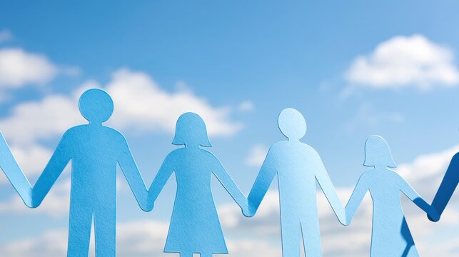 Blue paper people chain holding hands against sky background