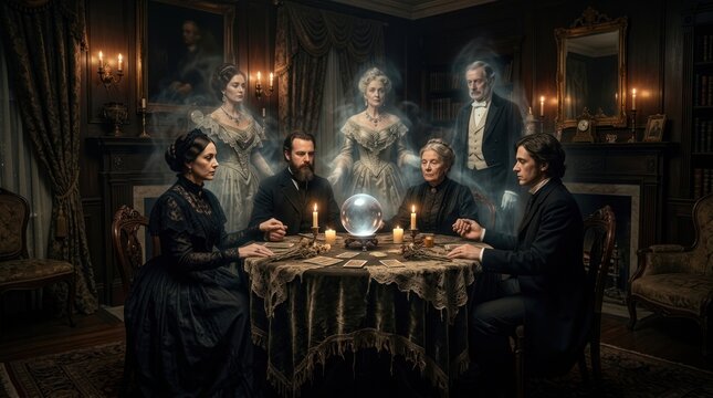 Victorian seance with ghosts appearing around a wooden table.