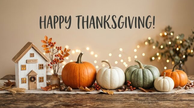 Festive thanksgiving scene with pumpkins miniature houses and warm glowing string lights