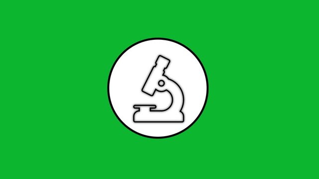 Animated microscope icon drawing inside white circle on chroma key green screen background.