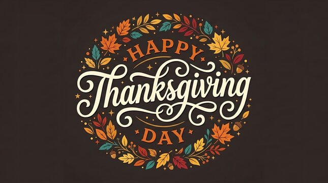 Watercolor happy thanksgiving day lettering with colorful autumn leaves background