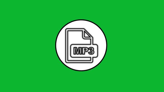 Audio mp3 file format icon animation inside white circle isolated on green screen chroma key background.