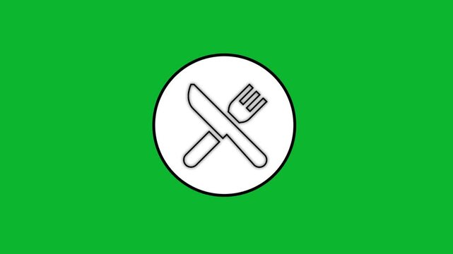 Minimalist fork and knife drawing animation in white circle on green screen chroma key.