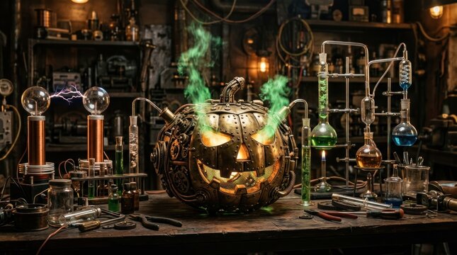 Steampunk pumpkin in a mad scientist chemistry laboratory.