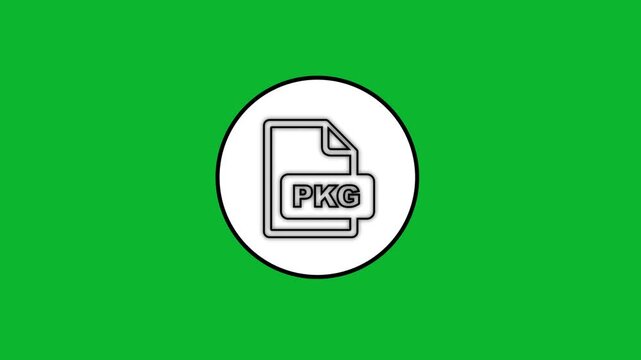 Animation of pkg file icon inside white circle emerging on green background representing software installation package format.