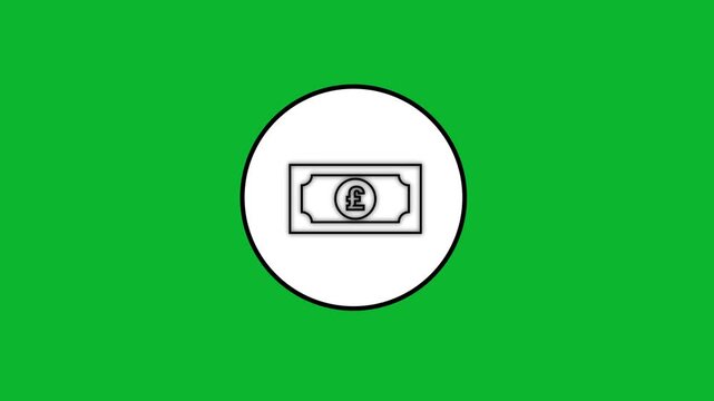 Minimalist British pound banknote icon animation inside circle graphic on chroma key green screen.