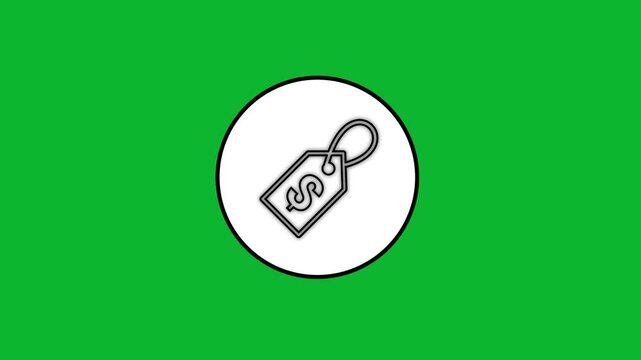 Minimalist dollar price tag icon animation on bright green screen background with sleek hand drawn black outline style.