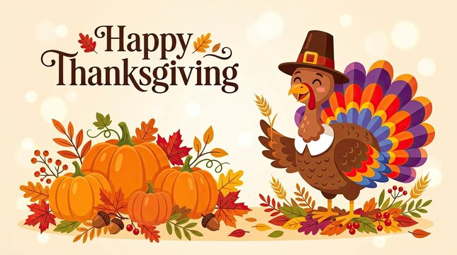 Festive thanksgiving illustration with a colorful turkey and autumn harvest elements