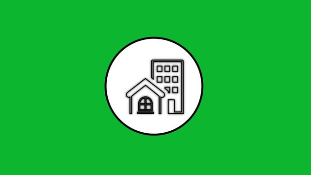 House and building animation line icon on green screen background, home and office icon animation with optional luma matte.