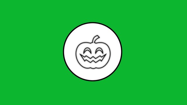Animated drawing of halloween pumpkin icon appearing in white circle on green background.