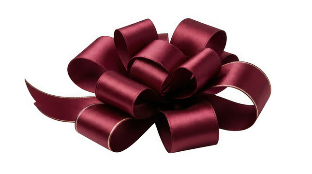 Elegant deep burgundy satin ribbon bow with gold trim isolated on transparent background