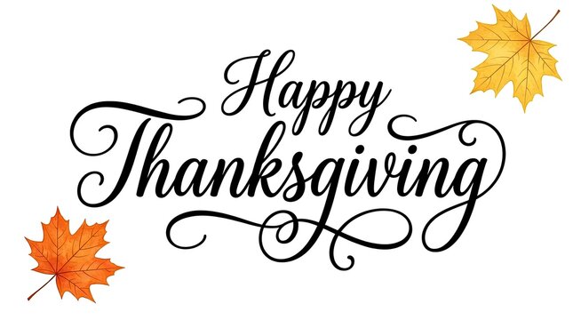 Elegant hand lettering of happy thanksgiving with autumn leaves on a white background