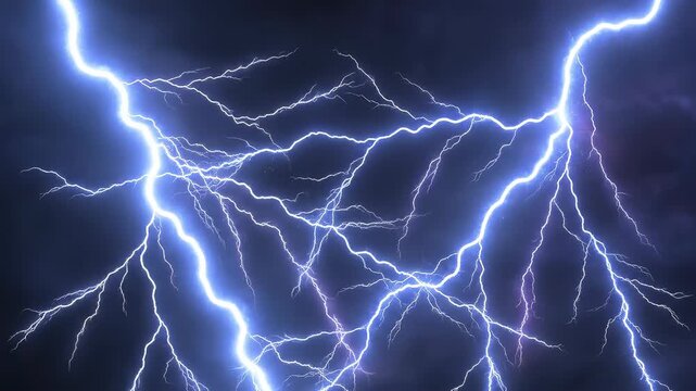 Electric blue lightning strikes across a dark stormy sky with atmospheric haze during a powerful tempest