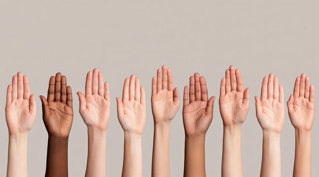 Diverse human hands of different skin tones raised up on beige background