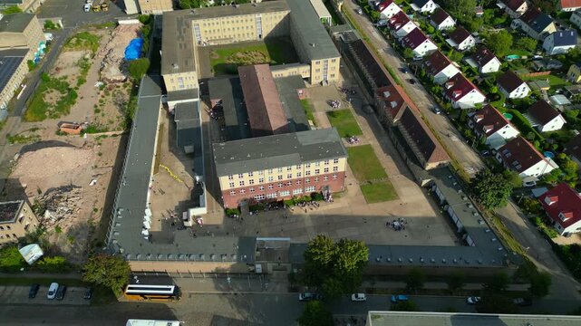 High-security prison complex correctional facility. Smooth aerial view drone