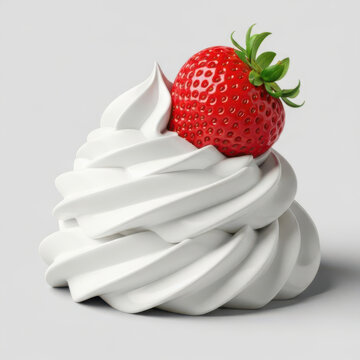 Fresh red strawberry sitting on a swirl of light fluffy whipped cream topping