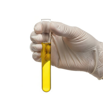 Gloved hand holding a glass test tube filled with vibrant yellow chemical liquid sample
