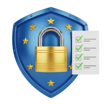 Golden padlock on blue shield with checklist representing data security and compliance