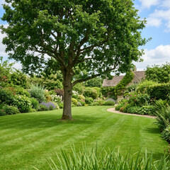 Obraz premium Lush English Garden Landscape With Majestic Oak Tree And Quaint Cottage
