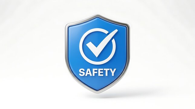 Blue metal shield icon with a white check mark and the word safety written on it
