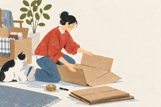引っ越し荷物を段ボール箱に詰める女性のイラスト