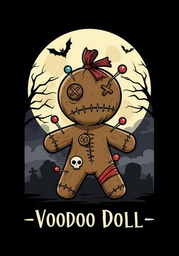 Creepy voodoo doll illustration with pins against full moon and spooky graveyard night background