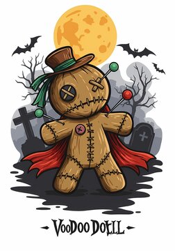 Spooky voodoo doll illustration with top hat and red cape in graveyard at night