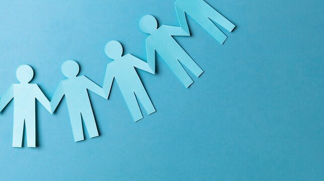 Paper cut human figures holding hands on blue background