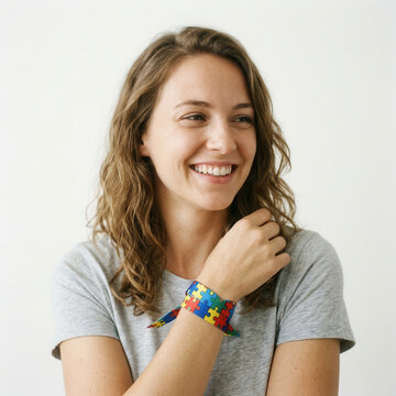 Joyful Woman Wearing Colorful Autism Awareness Bracelet Smiling Warmly
