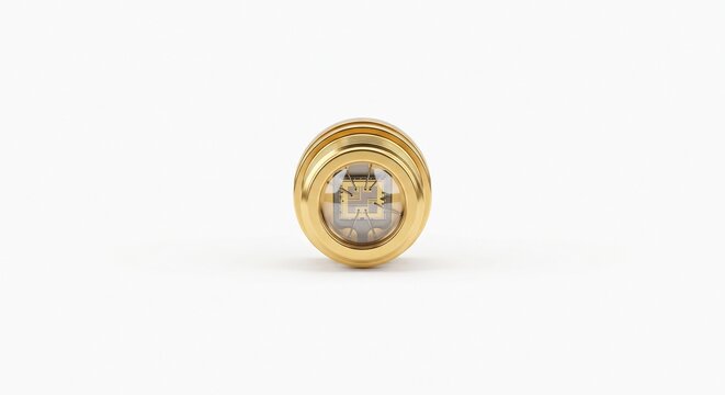 Macro of an industrial SLS printhead laser diode. Gold-plated metal cylinder with glass lens aperture for selective laser sintering additive manufacturing. Isolated on white.