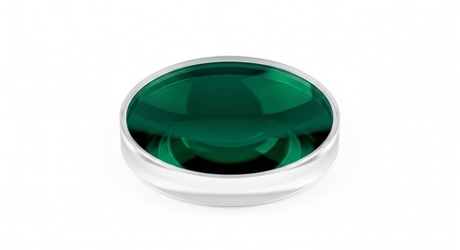 Macro of an F-theta scanning lens for SLS 3D printing. Fused silica optical element with green dielectric anti-reflection coating for photonics hardware. Isolated on white.