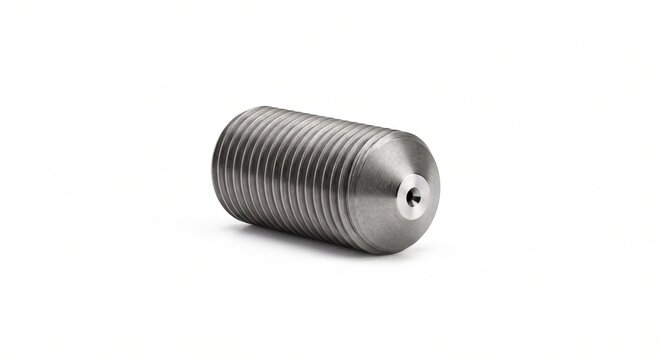 Macro of an industrial high-temperature 3D printer tungsten nozzle. Heavy micro-machined solid tungsten cylinder with external threads and extrusion orifice. Isolated on white.
