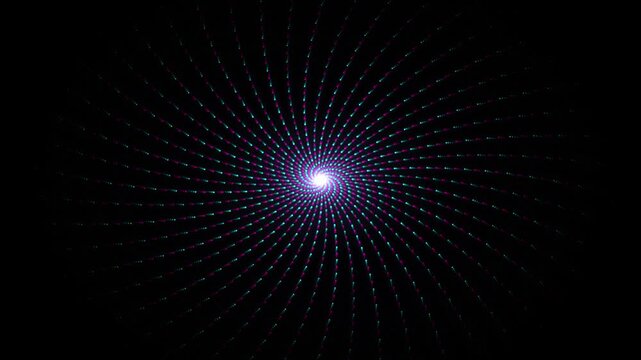 Glowing abstract spiral vortex animation with colorful particles radiating outwards on black background