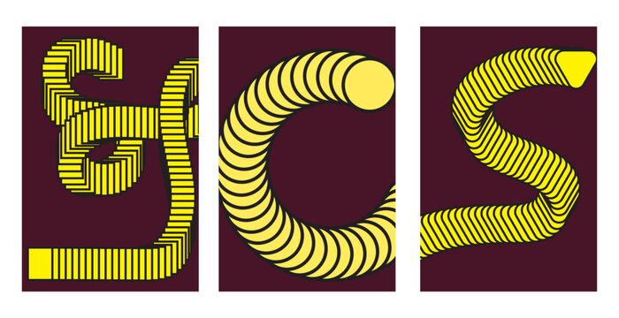 Retro 3D Blend Typography Poster Set, Abstract Geometric Yellow Tubular Letterforms YCS Swiss Graphic Design Vector Illustration