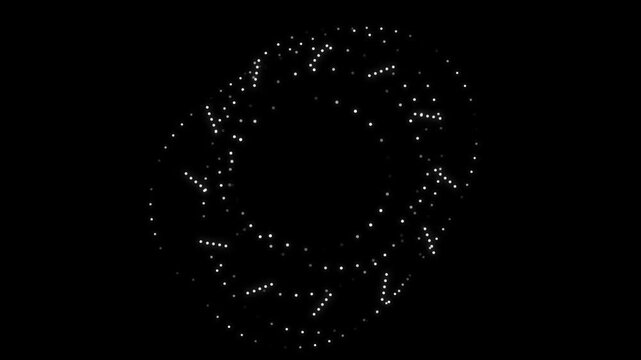 Abstract Glowing White Particles Rotating in a Circular Vortex Pattern on Black Background