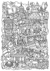 Berlin Ausmalbild. Wimmelbild mit Sehenswürdigkeiten im Comicstil. Rotes Rathaus, Alexanderplatz, Fernsehturm und Menschen. © TOONCAFE