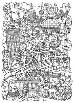 Berlin Ausmalbild. Wimmelbild mit Sehensw&uuml;rdigkeiten im Comicstil. Rotes Rathaus, Alexanderplatz, Fernsehturm und Menschen.