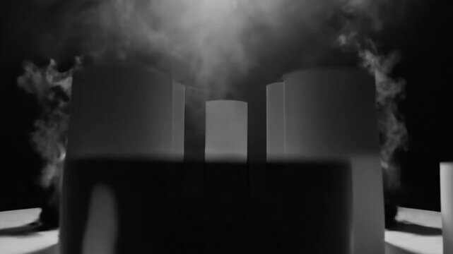 Abstract minimalist installation of white cylindrical columns in a dark studio with smoke and spotlight