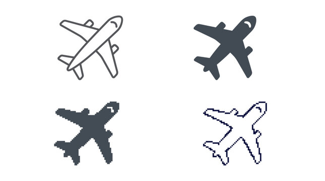 Airplane icons set featuring different pixel art styles and smooth vector outlines on white background