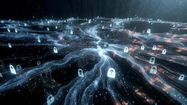 Cybersecurity landscape with glowing locks and flowing data lines on a dark background, conveying privacy and network protection