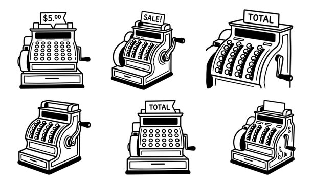 Vintage mechanical cash register machine doodle icons set