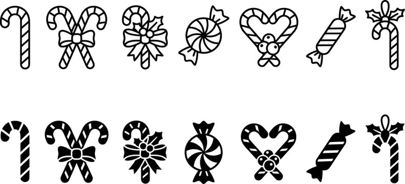 Set Of Black And White Christmas Candy Cane Vector Icons With Festive Bows And Holiday Ornaments For Seasonal Graphic Design And Branding Assets.