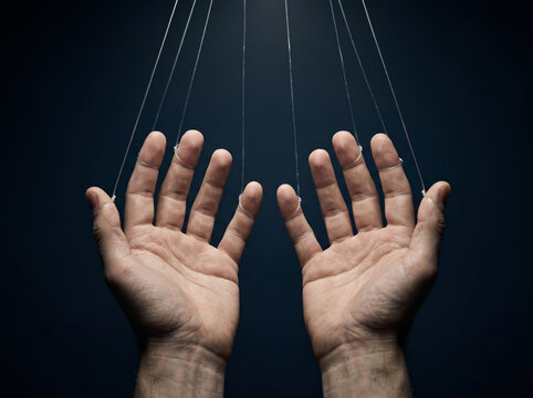 Male hands tied with strings like puppet reaching towards light