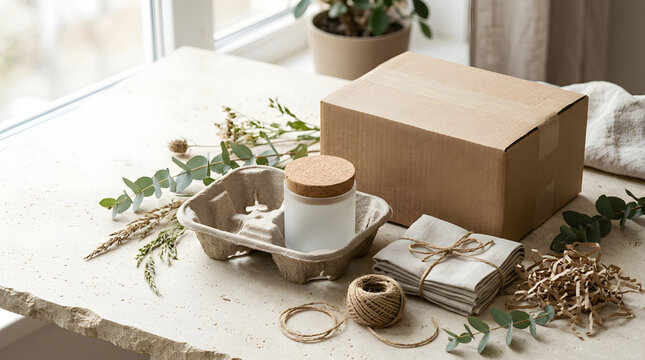 Eco friendly packaging set with cardboard box and natural materials on table sustainable packaging zero waste
