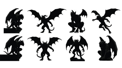 Obraz premium Black silhouettes depicting various gargoyles with wings in dynamic poses isolated on a white background for gothic architecture design projects