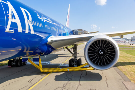 View of a General Electric GE90-115B turbofan engine on a Qatar Airways Boeing 777-300ER passenger aircraft.